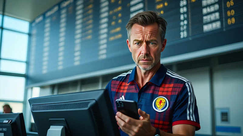 Torcedor escocês com camisa da seleção no aeroporto, segurando passaporte e olhando para o painel de voos com expressão de frustração.