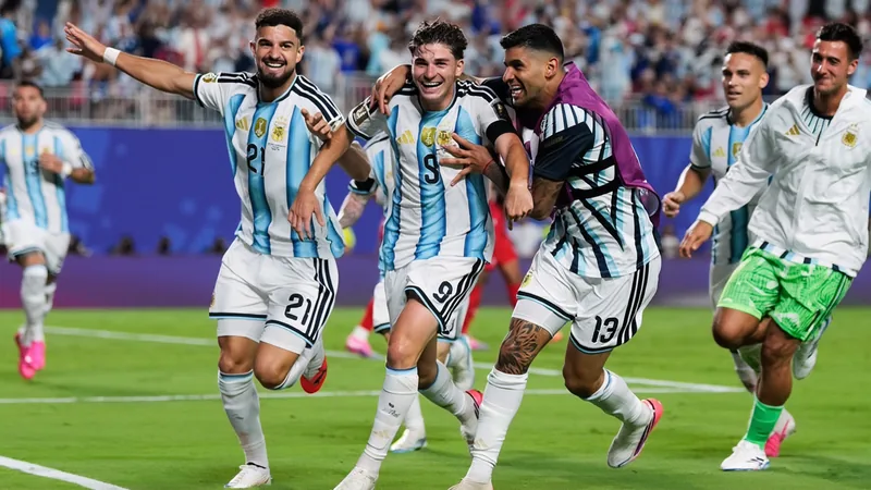 Julian Alvarez a celebrar o golo que deu a vitória à Argentina, com o estádio ao fundo e a bandeira argentina a ondear. — latest news and analysis.