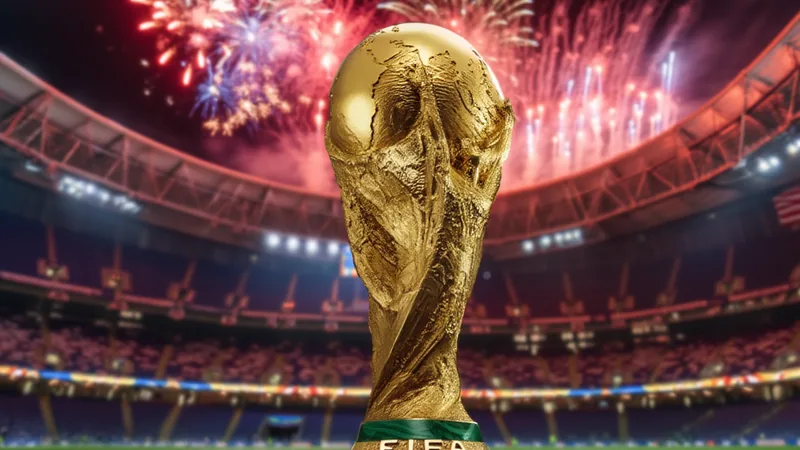Celebrações do 4 de Julho nos jogos da Copa do Mundo 2026 — Football Estádio de Houston iluminado com fogos de artifício vermelhos, brancos e azuis durante celebração do 4 de Julho na Copa do Mundo 2026