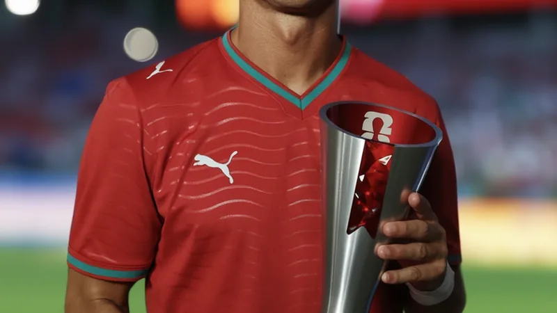 Cristiano Ronaldo conquista segundo prêmio de Melhor em Campo na Copa Cristiano Ronaldo comemora após marcar gol, vestindo a camisa de Portugal, com a torcida ao fundo e bandeiras portuguesas no estádio da Copa do Mundo.