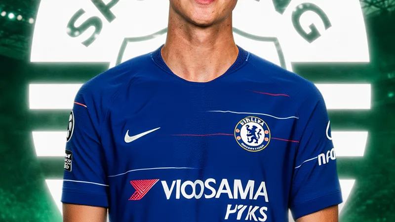 Jesse Derry emprestado ao Sporting até 2027 — Football World Cup News Jesse Derry com a camisola do Sporting a ser apresentado no Estádio José Alvalade, em Lisboa, com o logótipo do clube ao fundo.