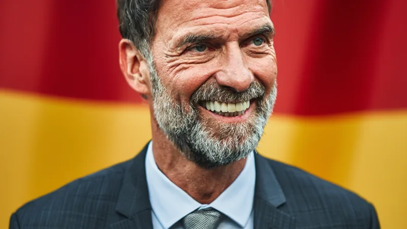 Jürgen Klopp sorrindo com um microfone na mão, vestindo um terno, em uma coletiva de imprensa com o logotipo da seleção alemã ao fundo