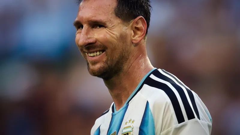 Messi: Enfrentar a Inglaterra será especial — Football World Cup News Lionel Messi com a camisa da Argentina, olhando para o campo do Estádio de Wembley em Londres, com a bandeira inglesa ao fundo