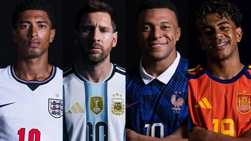 O que dizem as estrelas antes das semifinais da Copa do Mundo Montagem com Lionel Messi, Kylian Mbappé, Harry Kane e Lamine Yamal em campo, com bandeiras da Argentina, França, Inglaterra e Espanha ao fundo.