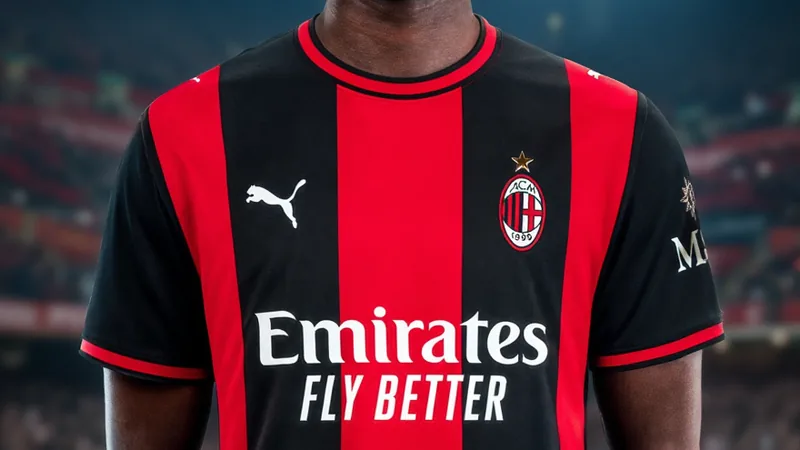 Jovem zagueiro Sankhoun Diawara vestindo a camisa do AC Milan em frente ao estádio San Siro, em Milão, durante apresentação oficial.