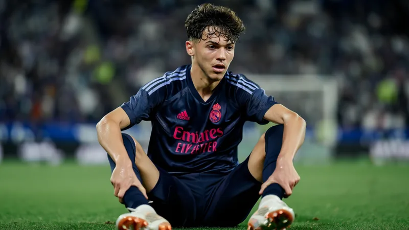 Thiago Pitarch sofre lesão no joelho no primeiro treino do Real Jovem jogador do Real Madrid, Thiago Pitarch, sendo atendido por médicos no campo de treinamento, com expressão de dor e segurando o joelho.