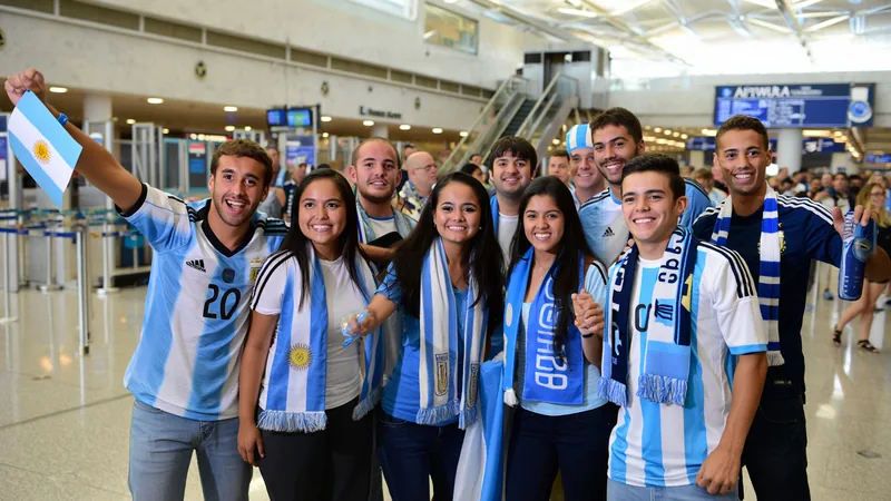Torcedores argentinos celebram vitória suíça para evitar Itália Torcedores argentinos com camisas da seleção celebrando em um aeroporto lotado, com telas mostrando o jogo Suíça x Itália ao fundo.
