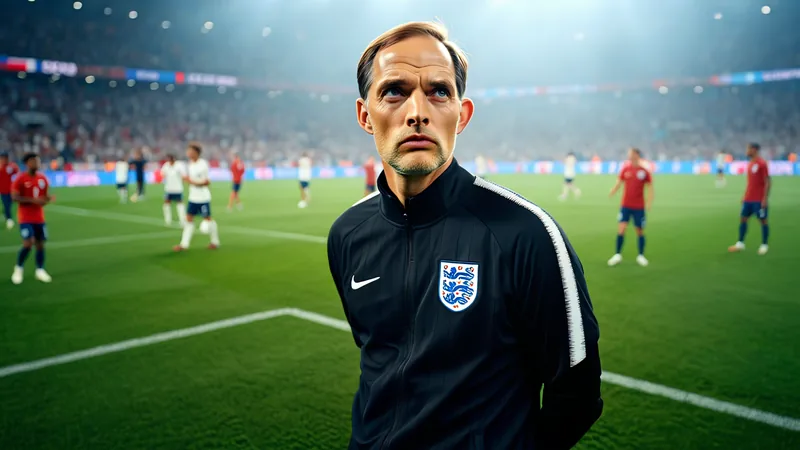 Tuchel insatisfeito com atuação da Inglaterra — Football World Cup Thomas Tuchel na beira do campo durante jogo da Inglaterra contra a Noruega na Copa do Mundo, expressando insatisfação com gestos e expressão facial.