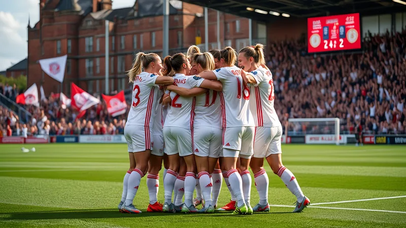 Jogadoras do Wrexham a celebrar um golo no Racecourse Ground, com a multidão ao fundo e o relvado verde iluminado pelos holofotes.