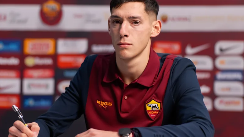 Nahuel Molina assina com a Roma — Football World Cup News Nahuel Molina vestindo a camisa da AS Roma, sorrindo, com o estádio Olímpico de Roma ao fundo durante sua apresentação oficial.