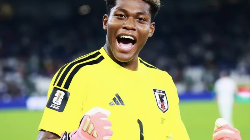Zion Suzuki, guarda-redes japonês, em ação durante um jogo pelo Sint-Truiden, com o estádio ao fundo e a bandeira do Japão visível.