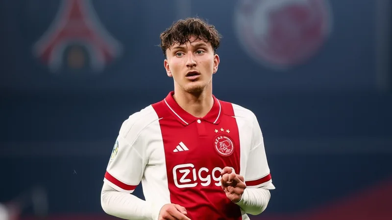 PSG negocia com Ajax por Mika Godts — Football World Cup News Jovem jogador de futebol com a camisa do Ajax em campo, driblando a bola, com o estádio ao fundo durante uma partida. — latest news and analysis.
