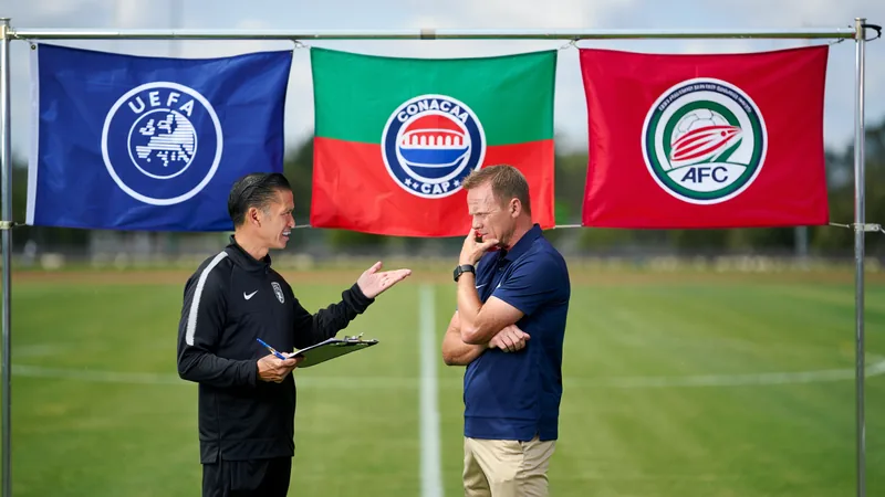 Uefa, Concacaf e AFC em conversas para competições próprias Logotipos da Uefa, Concacaf e AFC em uma mesa de reunião, com documentos e um globo ao fundo, simbolizando as conversas sobre competições próprias.