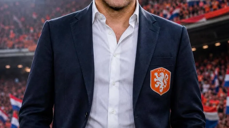 Xavi Hernández, vestindo terno, sorri ao lado de dirigentes da federação holandesa em uma sala de conferências com a bandeira da Holanda ao fundo.